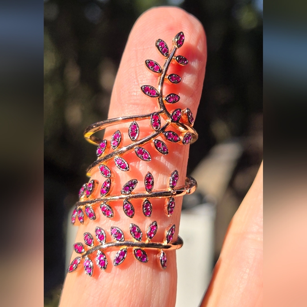 Ruby lattice leaves Sterling& gold wrap ring sz7.75 Adjustable